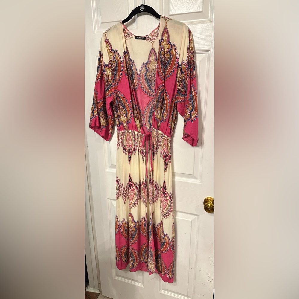 Janice Apparel OS Womens Kimono Swim Cover Up Maxi Pink Open Front Waist Tie